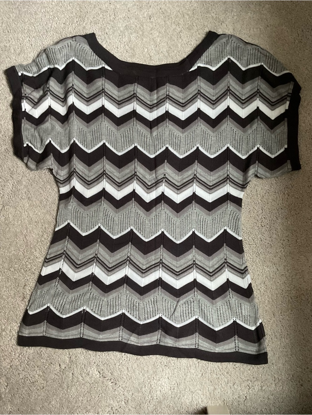Belldini Chevron Open-Knit Tunic in Black, Gray & White